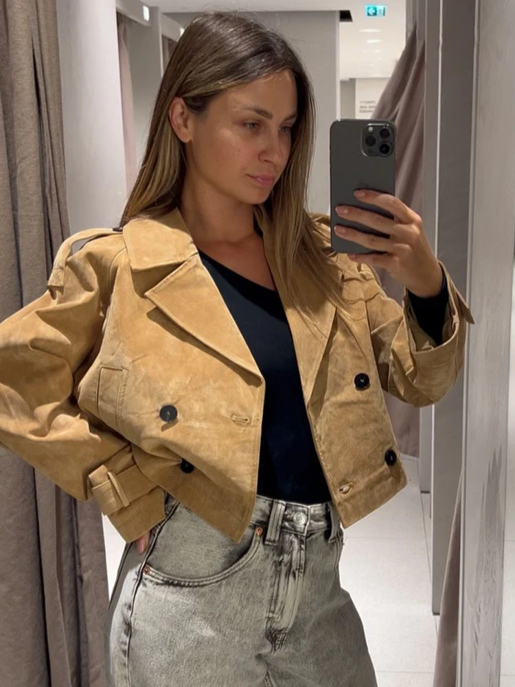 

HH Autumn Women Pocket Double-Breasted Design Casual Short Jacket 2025 Woman Lapel Long Sleeves High Street Coats Mujer