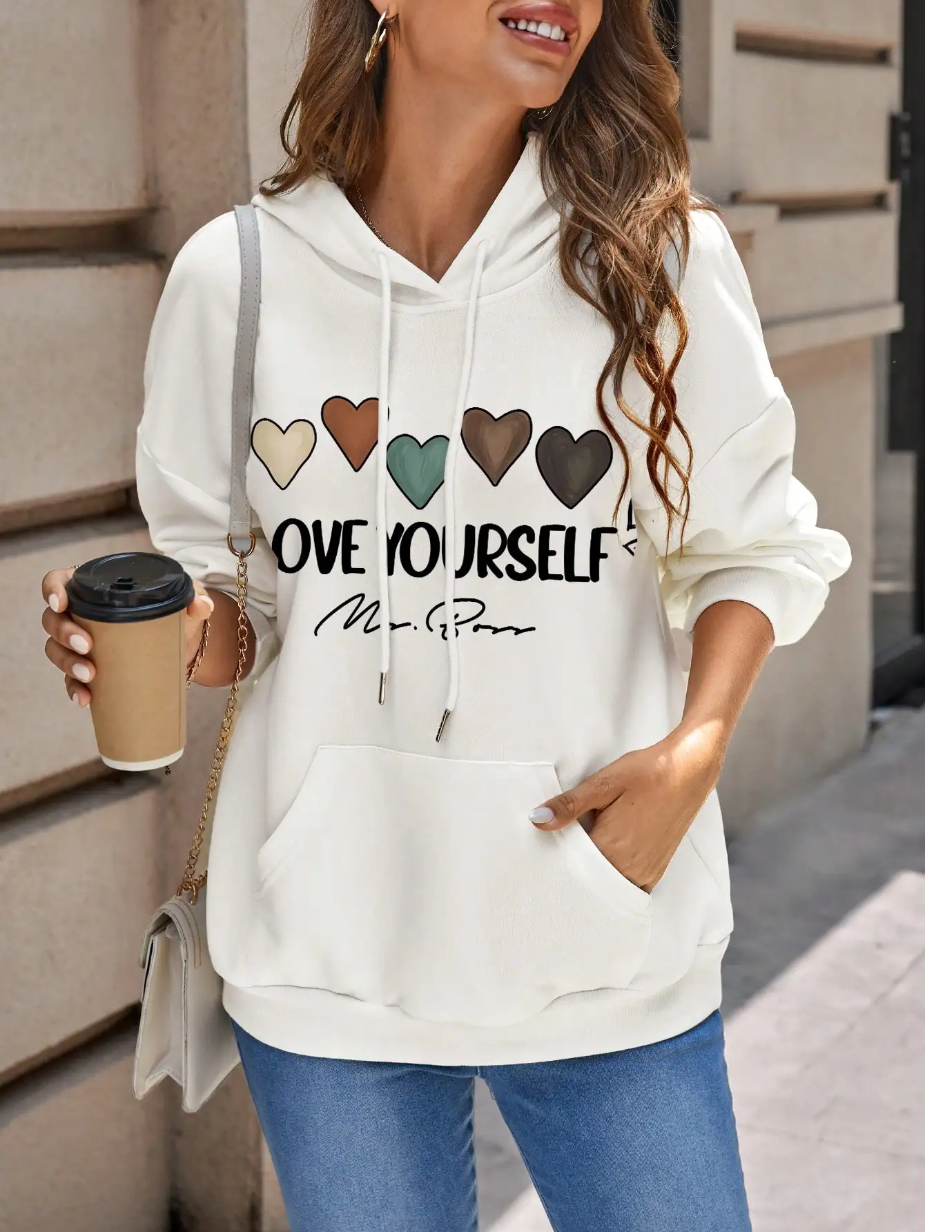 Love Yourself Word Heart Love Design Womens Hoody Cartoon Fashion Hoodies Casual Street Sweatshirts Autumn Hip Hop Clothing