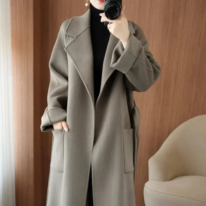 

100% Wool Coat Women's Wear 2025 Autumn/Winter Fashion Temperament Double sided Cashmere Coats with Belt Elegant Long Overcoat