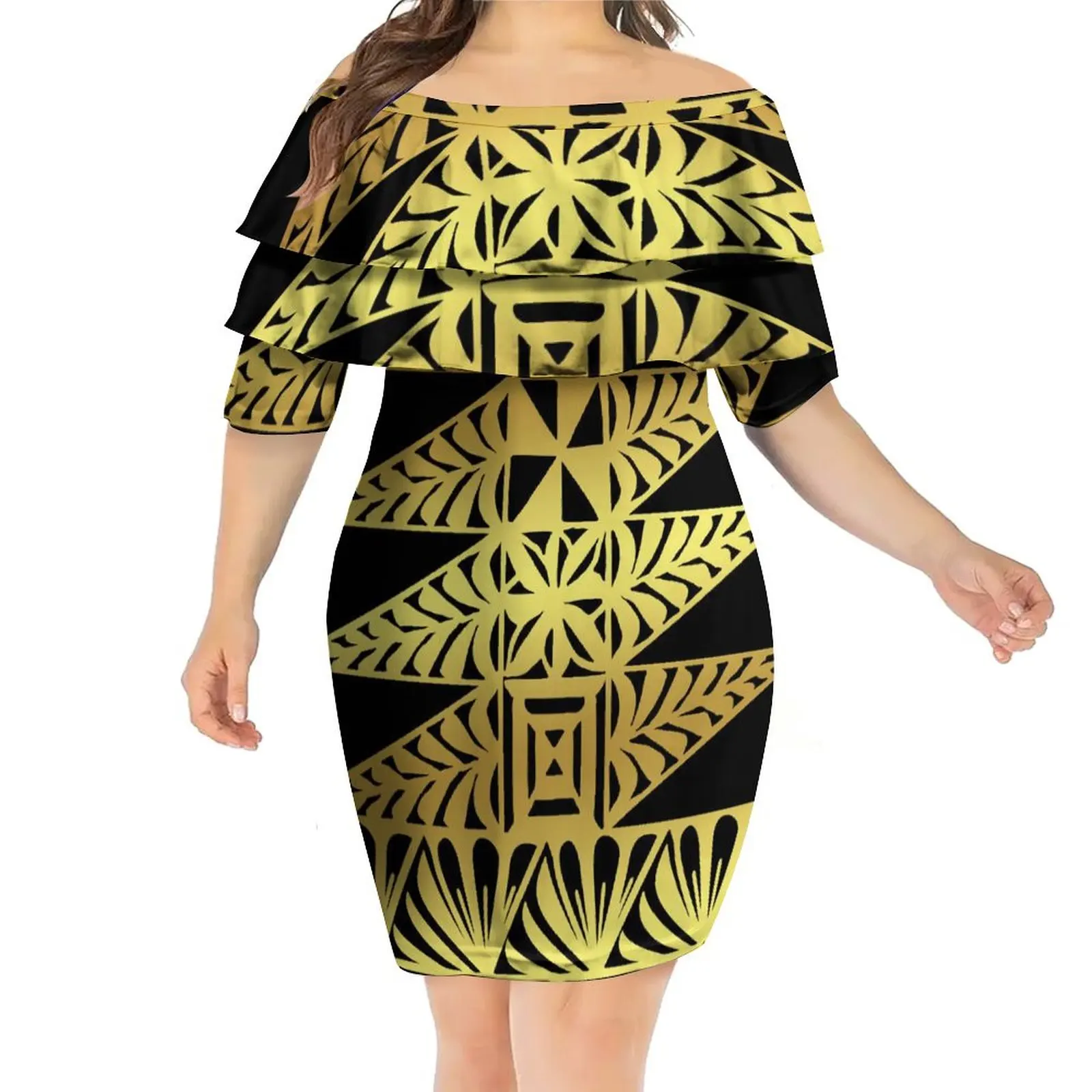 Hot Selling Boat neck Short Sleeve Long Bodycon Tight Dresses Gowns Polynesian Tattoo Printed Maxi Dress Plus Size Womens Dresse