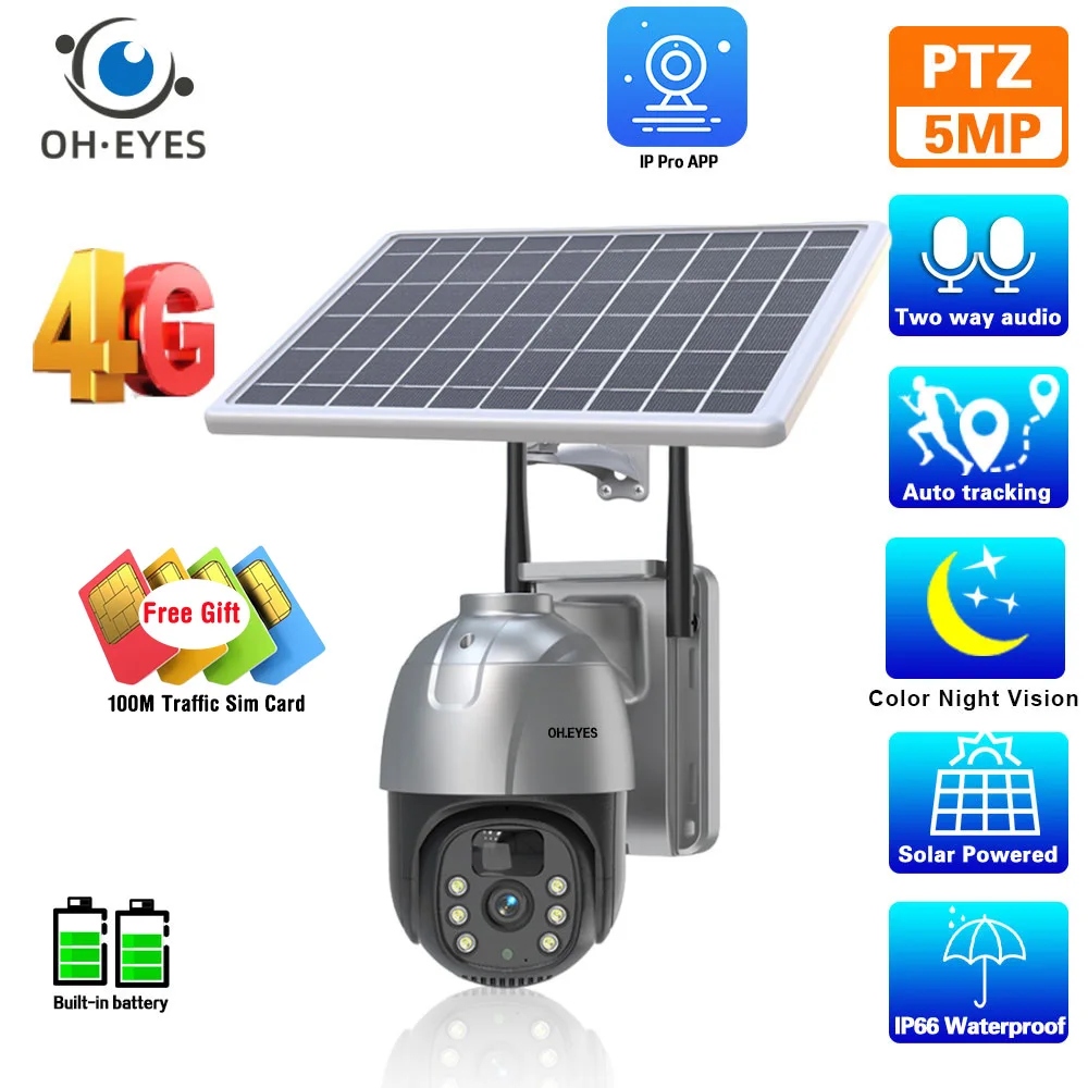 

5MP 4G Sim Card Solar Battery PTZ Security Camera Outdoor Wateproor Color Night Vision Wireless CCTV Video Surveillance Camera