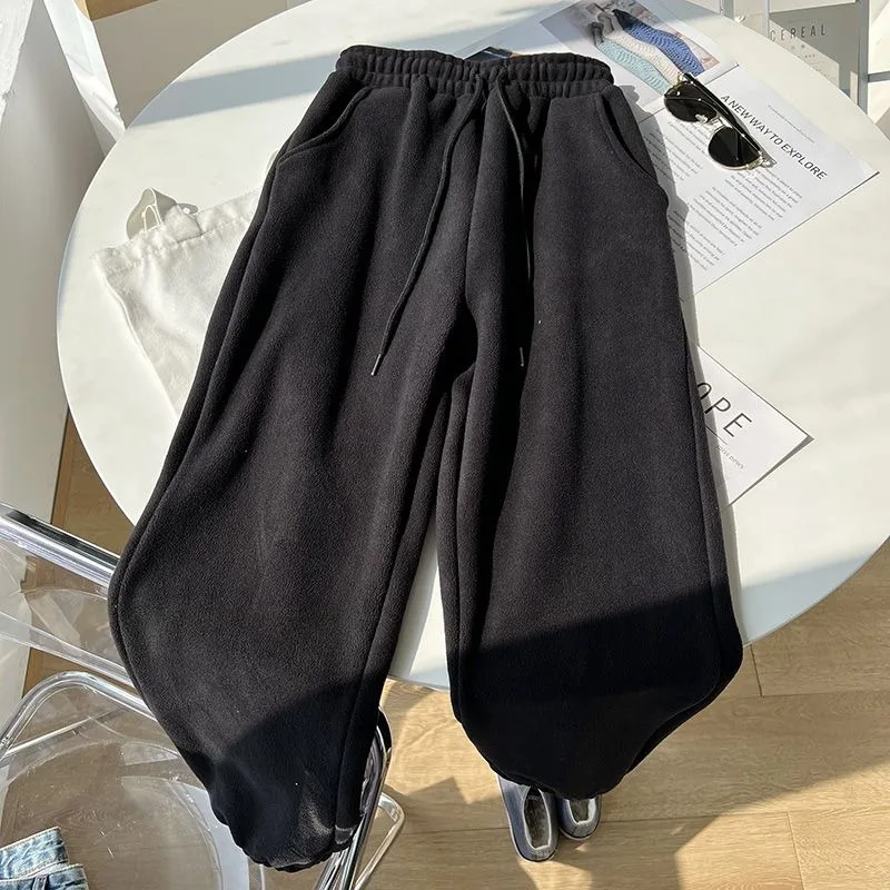 Fleece Pants Women Solid Thick Warm Loose Autumn Winter Leisure Sports Ankle Length Pockets Drawstring Students Preppy Chic Lady