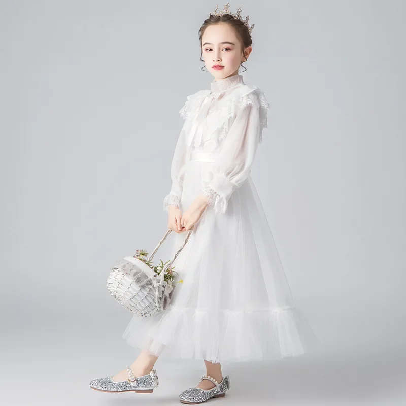 어린이 드레스 어린 소녀 꽃 공주 흰색 푹신한 원사 긴 소매 작은 호스트 성능 의류 가을, 겨울