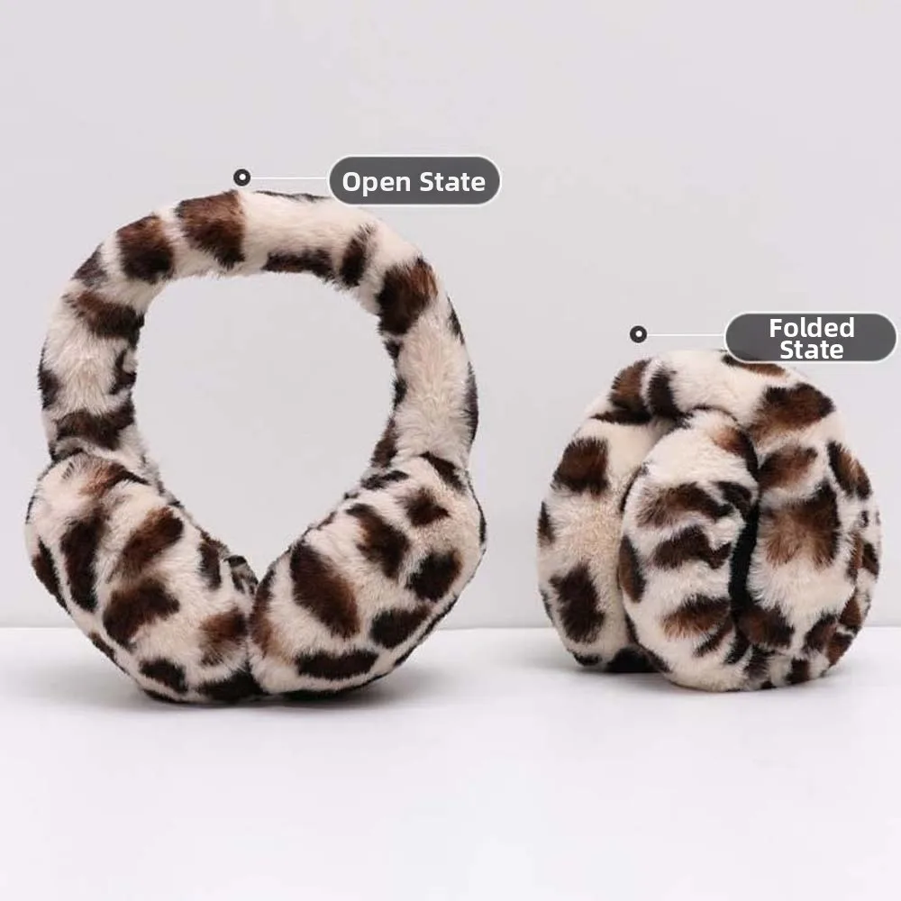 Collapsible Leopard Print Earmuffs Soft Thickened Ear Warmers Faux Fur Windproof Foldable Ear Covers Commuting