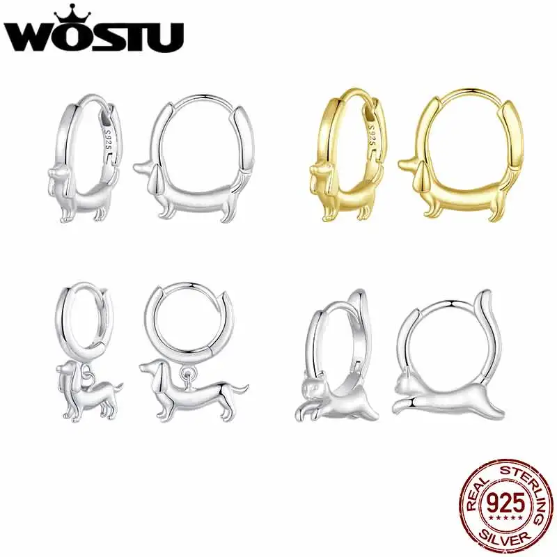 WOSTU Snake Dog Cat Ear Buckles Women 925 Sterling Silver Dachshund Hoop Earrings Girl Party Birthday Gift Minimalism Jewelry