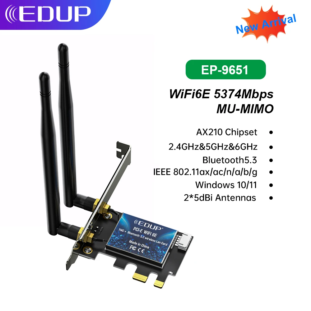 Wi-Fi-адаптер EDUP WiFi6E, 5374 Мбит/с, 2,4/5,8 ГГц, 6 ГГц, PCIE