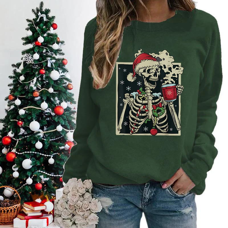 Funny Christmas Skeleton Print Sweatshirt For Women Fashion Christmas Coffee Casual Crew Neck Graphic Sarcastic Sweatshirt