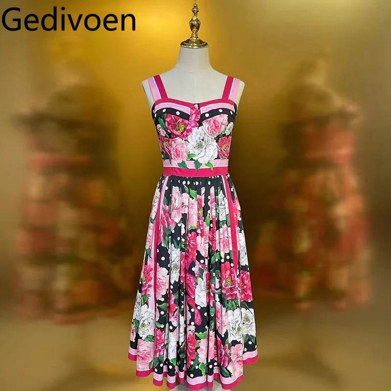 

Gedivoen Women's Casual Holiday Summer Dress Spaghetti Strap Backless Pleated Splicing Elegant Chic Print Cotton Dresses