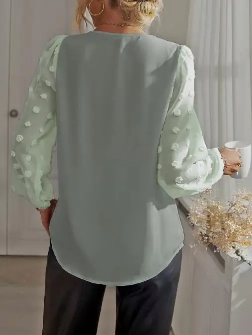 

Woman Blouse 2026 Spring Autumn New Solid Color V-Neck Mesh Patchwork Long Sleeved Loose Fit Versatile Casual Daily Shirt