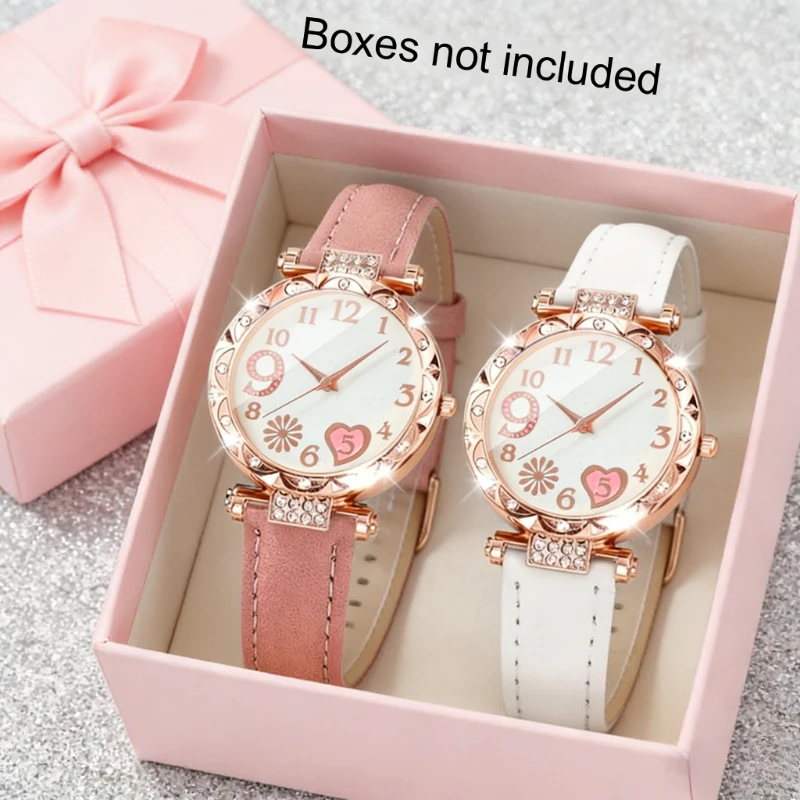 women’s watches with multi‑color leather straps in pink / white / black, fresh and sweet‑style watch set