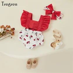 Tregren Infant Baby Girl Romper Ruffle Fly Sleeve Backless Cherry Romper Headband 2pcs Clothes Sets Summer Clothing for 0-18M