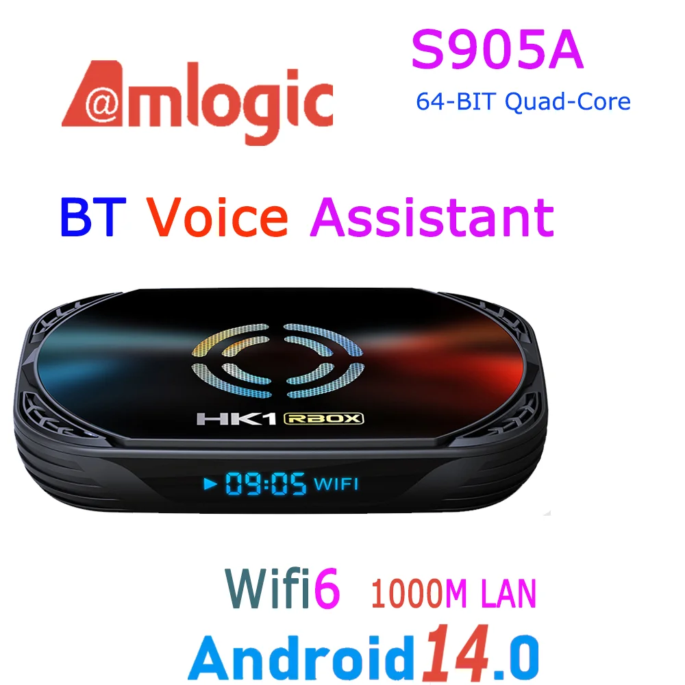 Boîtier TV intelligent Android 14.0 Amlogic S905A S905X5M 64 bits Quad Core 8K 1000M LAN Assistant vocal Wifi6 BT5.0 DDR4 HK1 RBOX X50