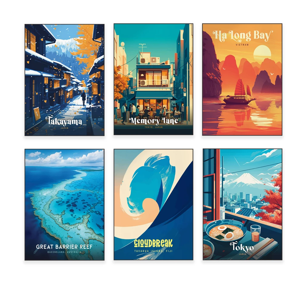 Great Barrier Reef, Lake Hillier, Twelve Apostles, Lake Ashi, Hakone, Phuket, Halong Bay, Fiji Tavarua Island travel posters