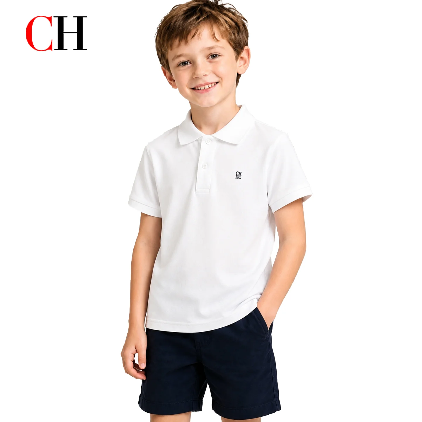 CH Kids' Basic White Short-Sleeved Polo Shirt with a Turtleneck-Pure Color-Embroidered Logo-Made of Breathable Cotton