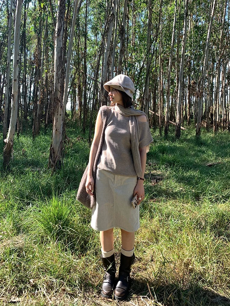 

BreezeMood Gentle Asymmetrical oulder ort Sve Knitted Top Thin Autumn Layering Aosphere Feeling Women's Casual Wear