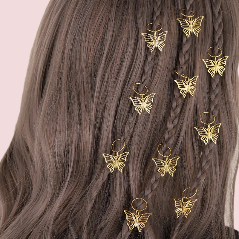 10pcs Golden Butterfly Dreadlock Beads Hair Bead Dreadlock Bride Hair Rings Decor Braiding Hairpins Braiders Styling Accessories