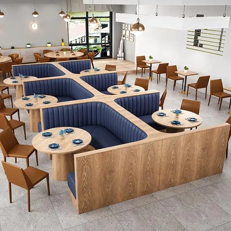 Custom Modern Restaurant Laminated Veneer Corner Booth Sofa Wood Round Dining Table Set