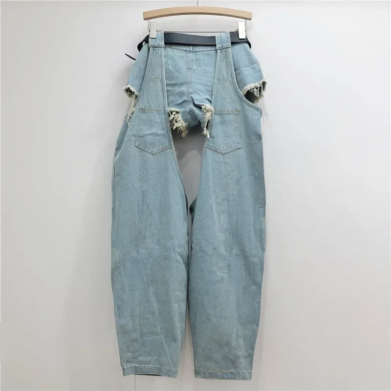 

2026 New Women's Baggy Jeans Y2K Ladies Spring Splicing Low Waist Shorts Two-piece Set Fashion Clothing Ripped Belt Jeans