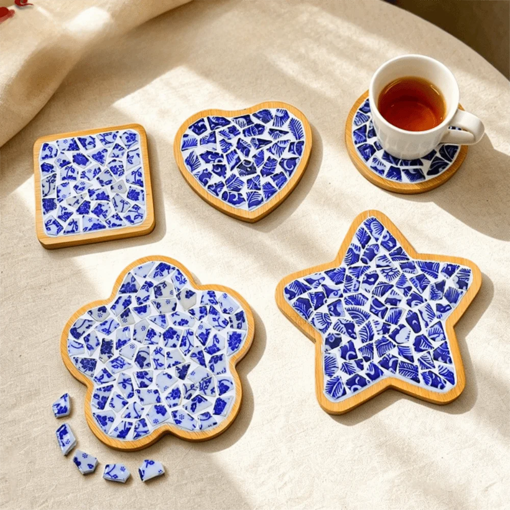 Chinese Style Blue White Porcelain Coaster Material Kit Heat-resistant Smooth Granular Edge Mosaic Coaster Material Kit