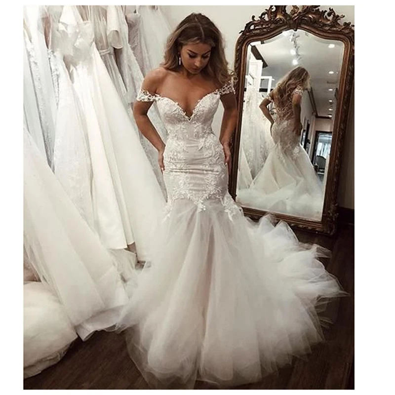 Boho Off-Shoulder Mermaid Wedding Dresses for Woman Vestido De Noiva Sexy V-neck Appliques Formal Bohemian Bridal Gown