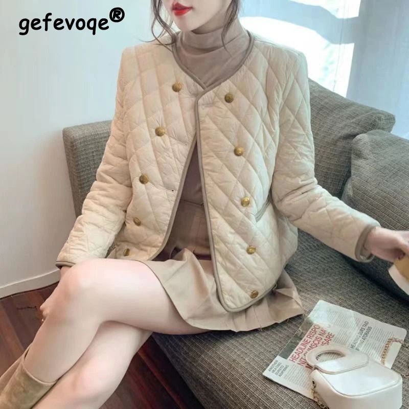 

2023Autumn Winter Women Vintage Elegant Chic Double Breasted Padded Cotton Jacket Trendy Casual Long Sleeve Loose Outerwear Coat