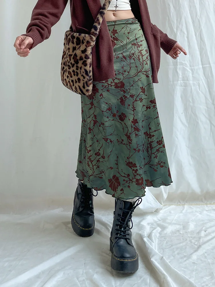 Y2K Vintage Midi-Röcke mit Blumenmuster für Damen, Harajuku Fairycore, grüner gerader Maxirock, ästhetische süße Mädchenkleidung – Detail 4