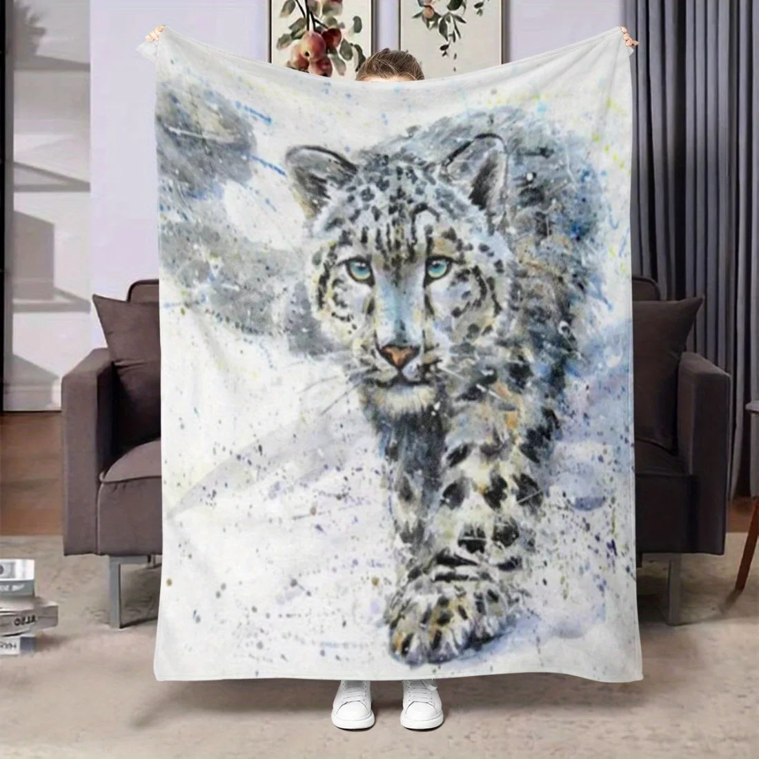 Cozy Watercolor Snow Leopard Plush Throw Blanket - Soft, Warm, and Versatile for Couch, Bed, Chair - Perfect Gift for All Season