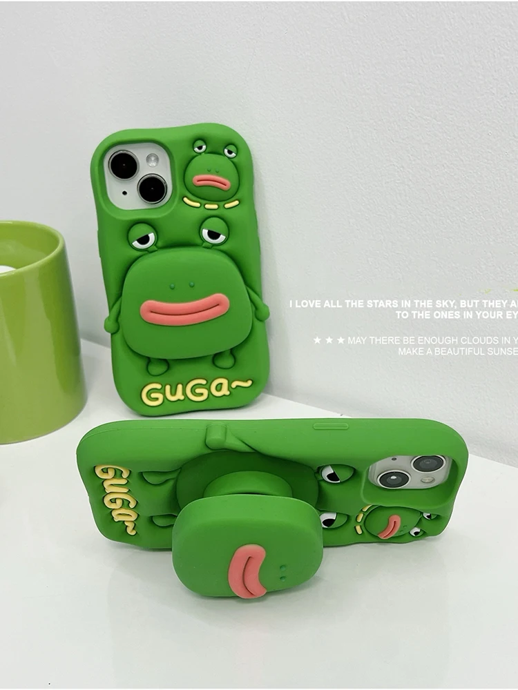 Funny 3D Cute Big Mouth Frog Silicone Hidden Holder Case For iPhone 11 12 13 14 15 16 17 Pro Max Shockproof Phone Cover