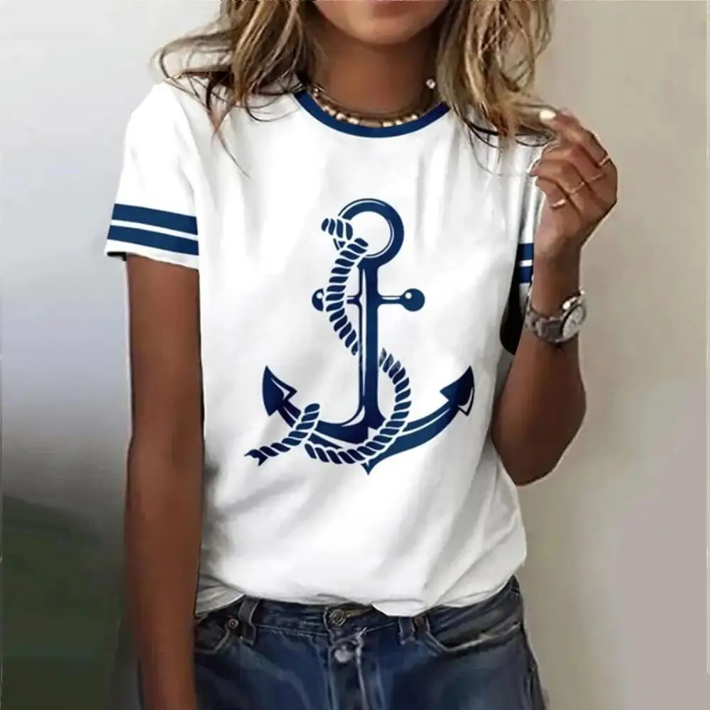 여름 보트 앵커 3D 프린트 여성 티셔츠 여성 캐주얼 반팔 티셔츠 패션 O넥 티셔츠 하라주쿠 탑 여성 의류