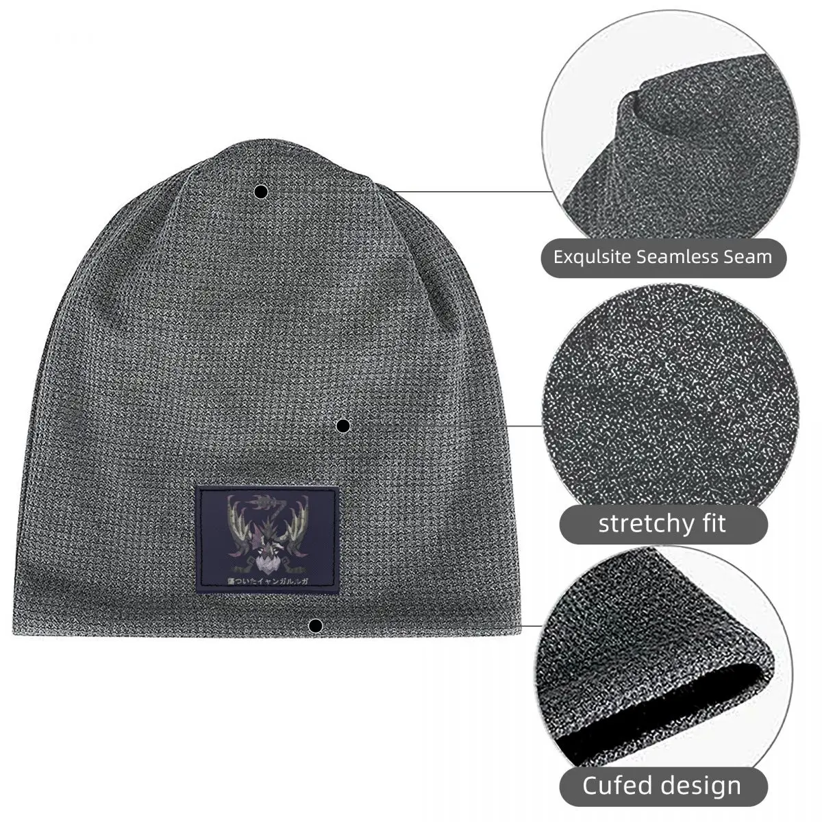 Monster Hunter World Iceborne Scarred Yian Garuga Kanji Waffle Knit Fleece Lined Beanie with PU Leather Patch Winter Soft Cap