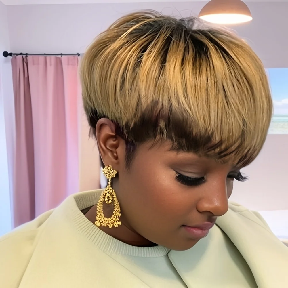 

1B/ 27 Ombre Color Pixie Cut Wig Full Machine Made Human Hair Wigs Short Wigs Brazilian Remy Honey Blonde Wig With Bangs For Wom