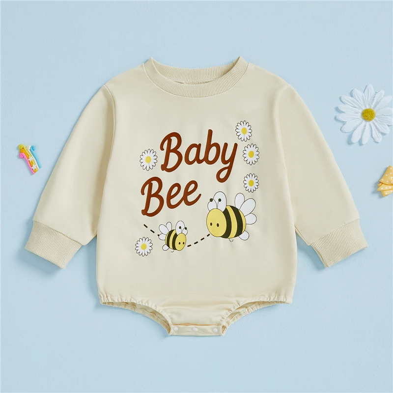 Infant Baby Girls Spring Fall Romper Bee Floral Letter Print Long Sleeve Round Neck Bubble Jumpsuit Newborn Infant Clothes