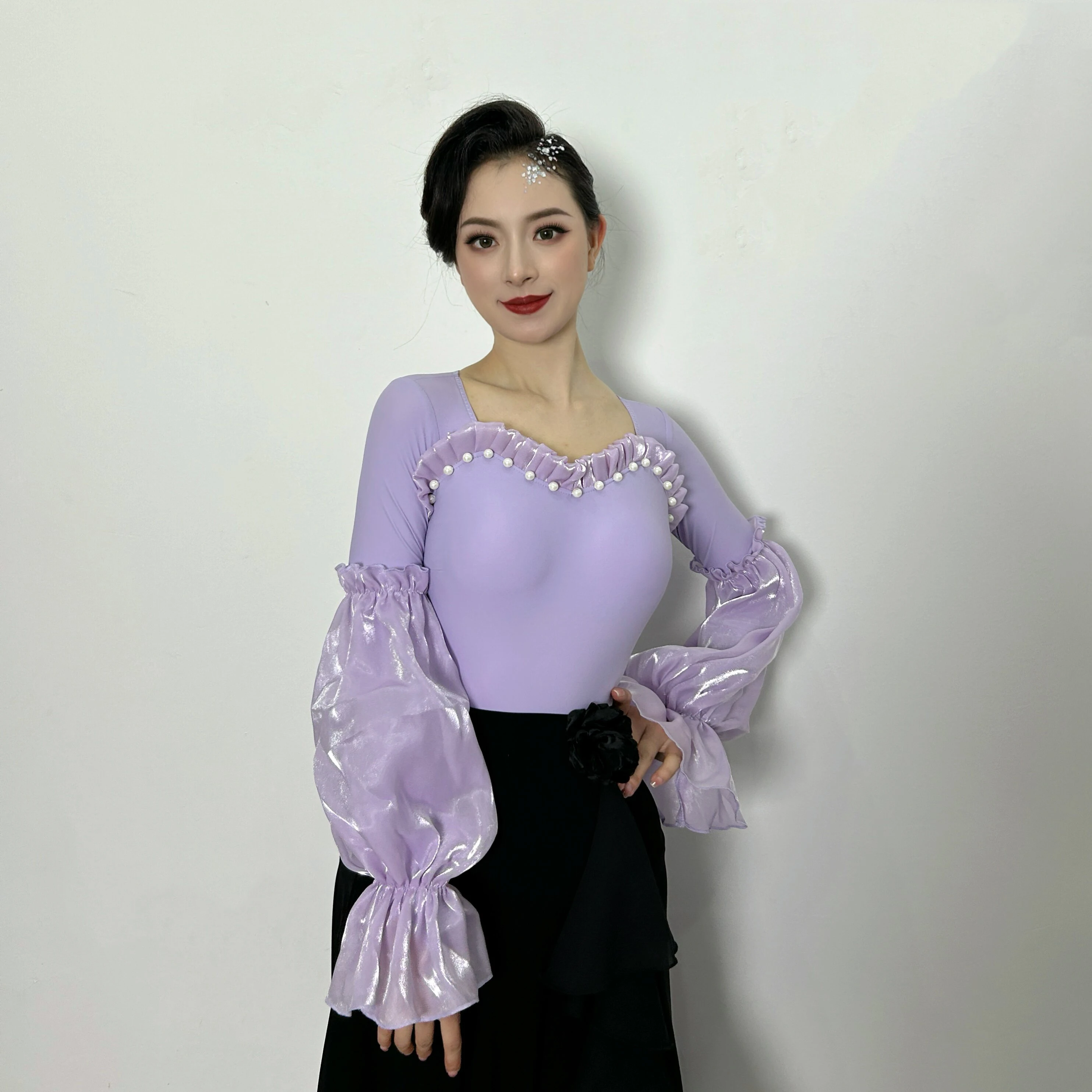 

Waltz Ballroom Dance Clothes Women Pearl Bubble Sleeves Tops Adult Tango Salsa Dance Performance Wear Prom Dance Costume BL17417