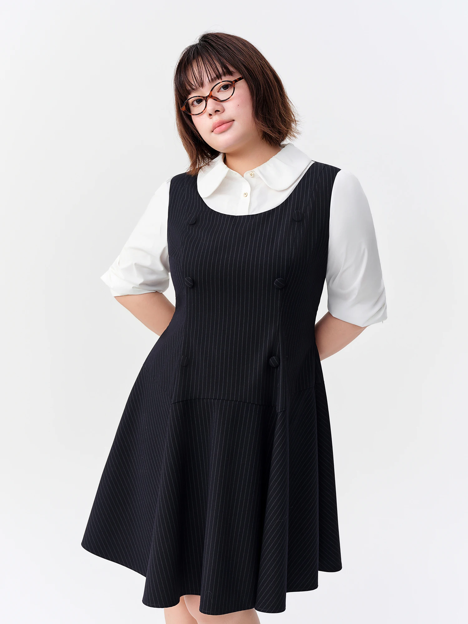 DUSHU 2026 Fall Women's Chic Preppy Faux Two-Piece Long Sleeve A-Line Dress with Waist-Defining Fit for Daily and Office Wear