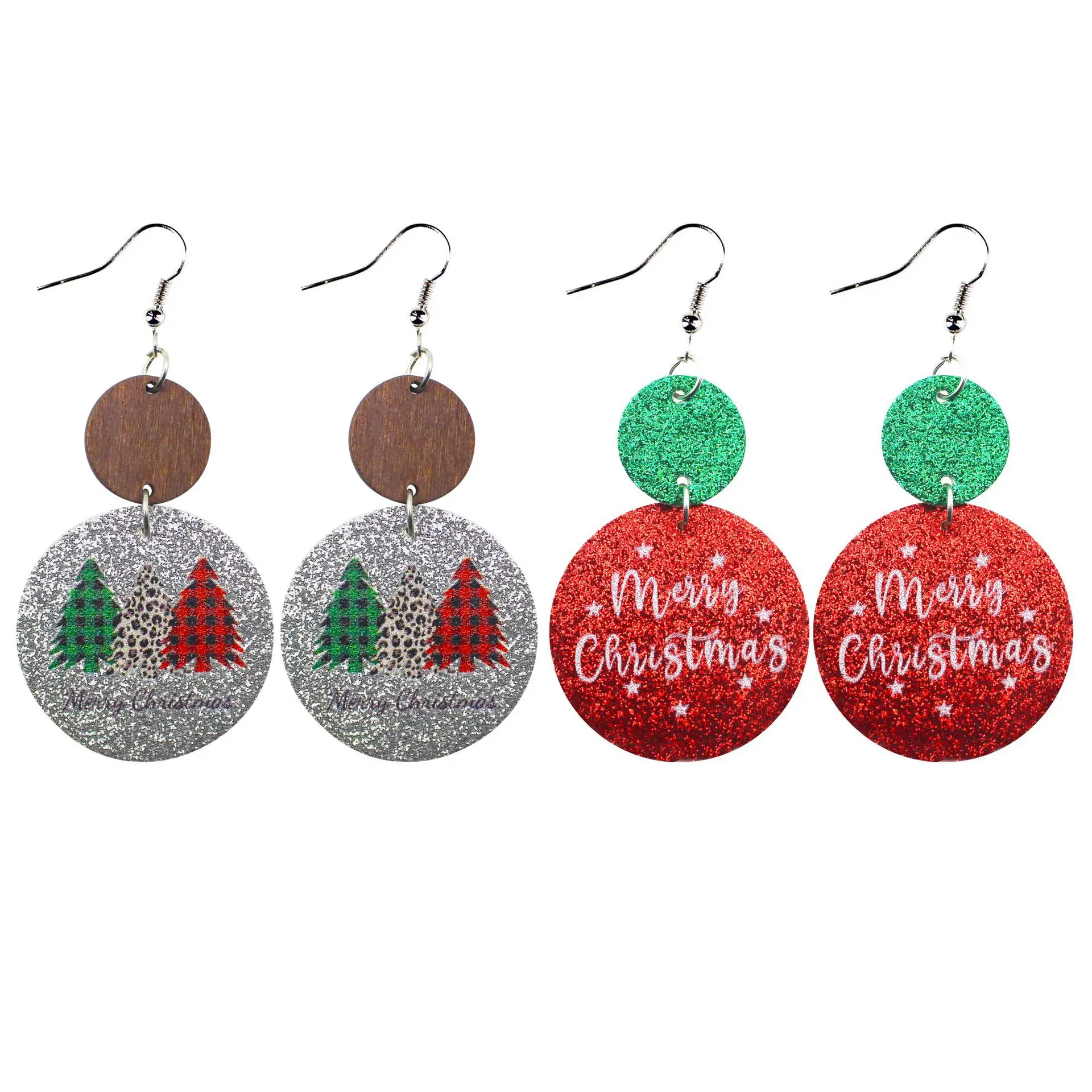 S3272 Christmas Dangle Earrings For Women Round PU Leather Christmas Tree Letters Wood Earrings