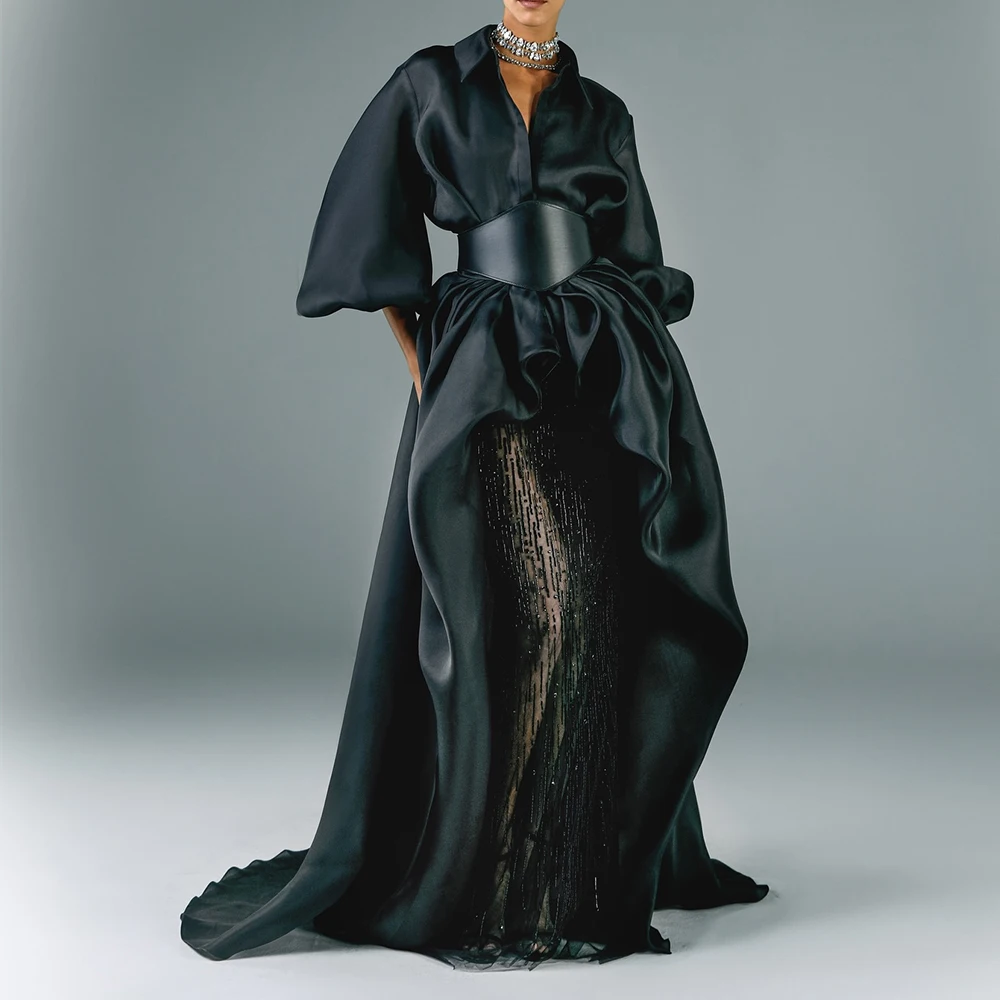 

Customized Exquisite Crystal Off the Shoulder Chiffon Black Evening Dress Classic Straight V-Neck Half Sleeves Celebrity Gowns