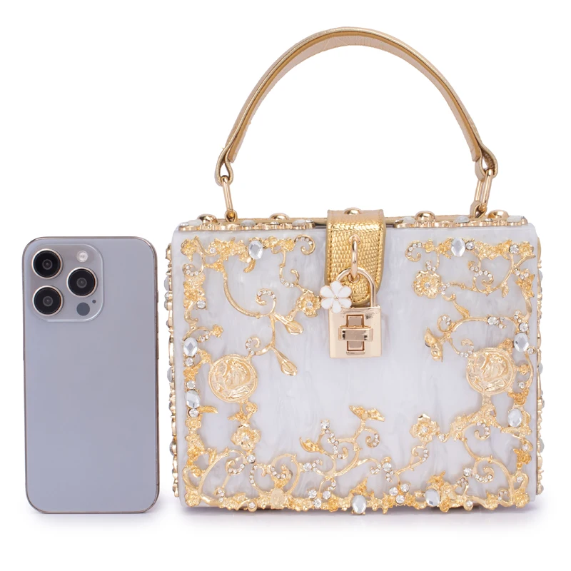 Bolso de mano de acrílico dorado con diamantes de lujo para mujer, bolso cruzado Vintage con cierre de giro, bolso de mano elegante de noche para