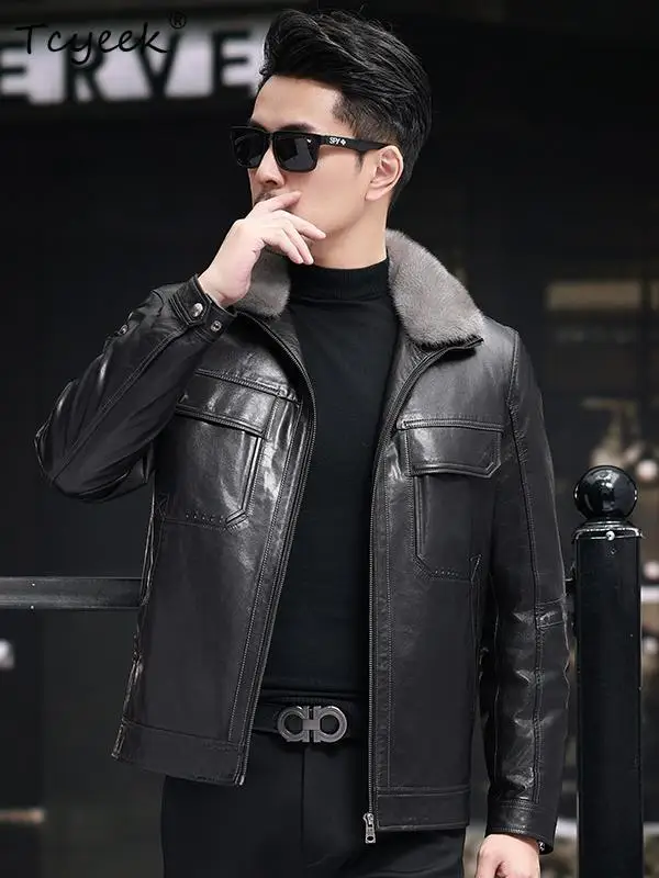

Tcyeek Real Goatskin Genuine Leather Down Jacket Men Autumn Winter Clothes Vegetable Tanning None Mink Fur Collar Mens Coats