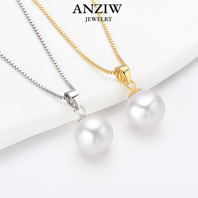 Anziw Real 925 Sterling Silver Necklace 9-10mm Natural Freshwater Pearl Pendant for Women Jewelry Wedding Party Gifts Box Chain