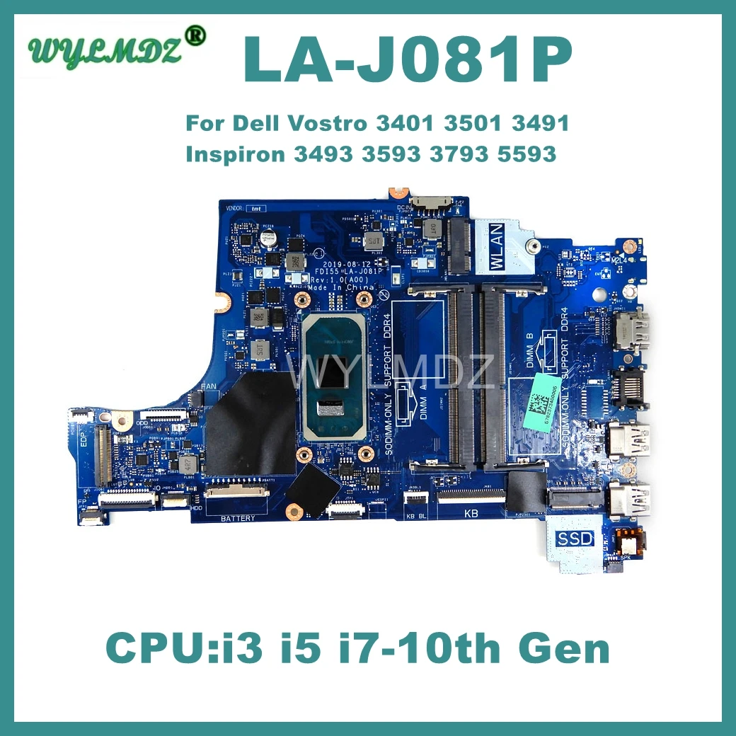 LA-J081P Motherboard For Dell Vostro 3401 3501 3491 Inspiron 3493 3593 3793 5593 Laptop i3 i5 i7-10th Gen CPU Notebook Mainboard