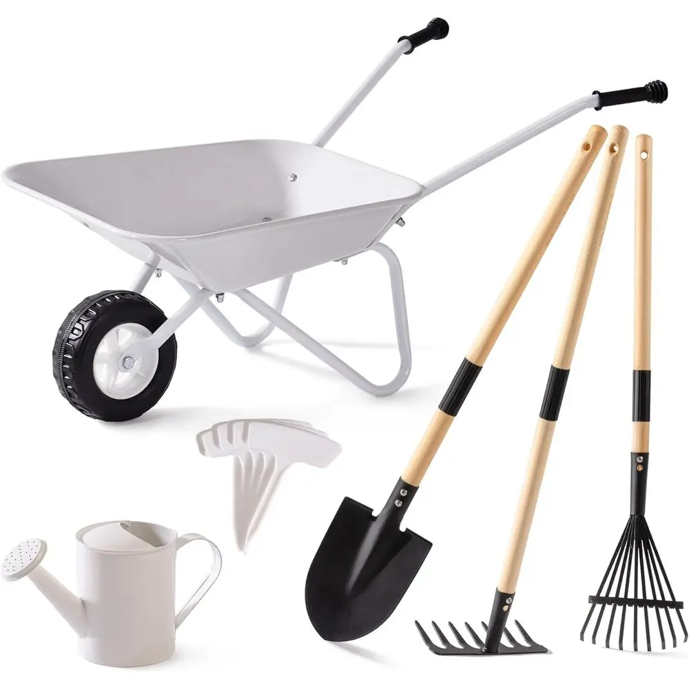 

Children's Outdoor Gardening Set: 9-Piece Metal Wheelbarrow, Tools, Can, Labels for Ages 3+ (Grayish White)