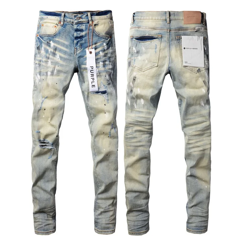 

Top quality Purples jeans Men with High street blue print letters trousers Fashion brand Repair Low Rise Skinny Denim pants hot