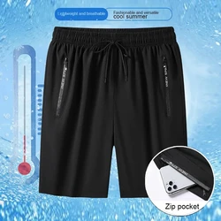 Men's Sports Casual Shorts Quick Dry Breathable Fitness Shorts Zipper Pockets Ice Silk Thin Gym Loose Drawstring Big Size 6xl