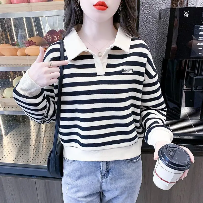 Spring and Autumn Women\'s Polo Neck Long Sleeves Loose Pullovers Striped Epaulet Fashion Casual All Match Commute Tops