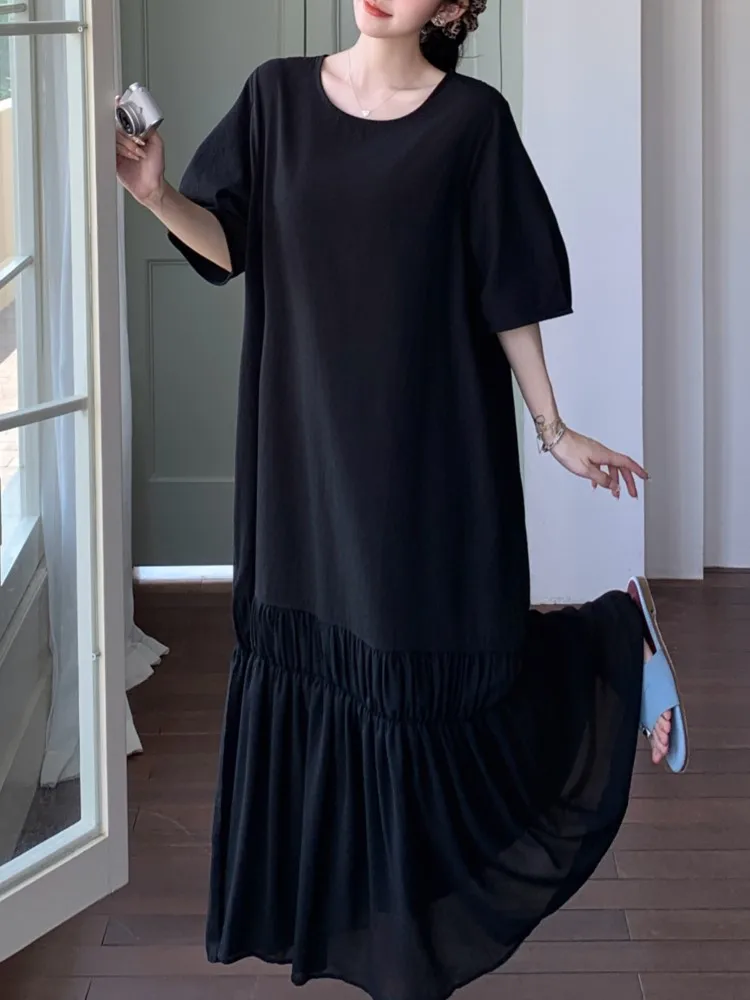 Plus size Lazy Casual Ladies Dresses European Holiday Women Patchwork loose Fake Two Piece Long Maxi Cotton T-Shirt Dress