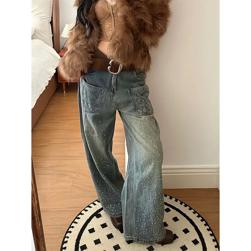 Y2K Pocket Jeans Women Embroidery Diamond Inlaid High Waist Straight Leg Pants Autumn Winter