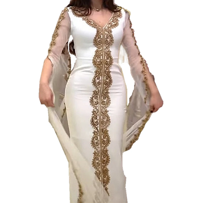 Long Sleeve Straight Evening Dress Kaftan White Formal Party Gown Gold Appliques Crystals Beaded Arabic Dubai Maxi Prom Dresses