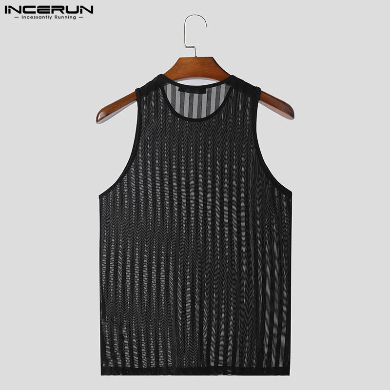 INCERUN Men Tank Tops Striped Mesh Patchwork O-neck Sleeveless Male Vests Summer Streetwear 2024 Fashion Sexy Men Clothing S-5XL