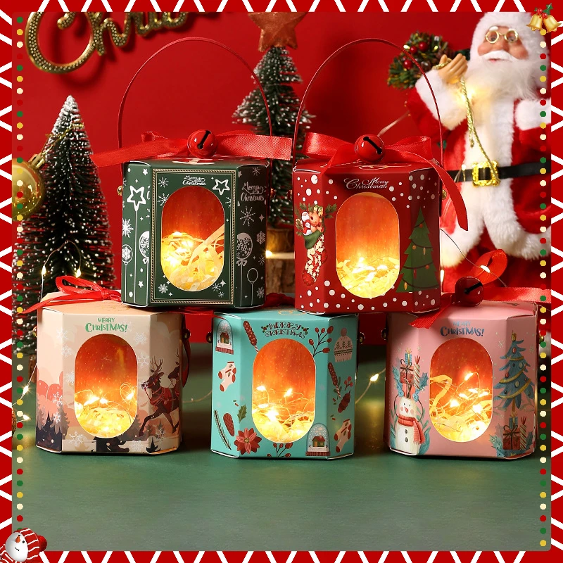 

5 шт., рождественская шестиугольная бумажная коробка с лентой-колокольчиком, конфеты, шоколадное мыло, свеча, печенье, маленькая подарочная упаковка, декор для вечеринки
