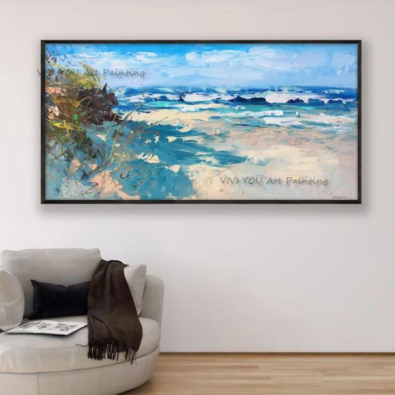 Handpainted Large Sea Canvas Oil Painting Blue Sea Landscape Abstract White Wave Home Decor Knife Textured Seascapes